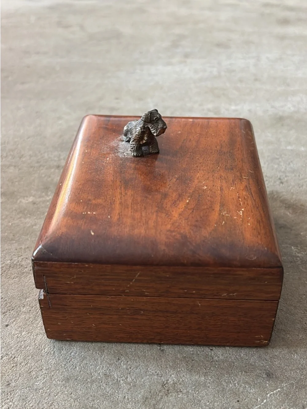Vintage Wooden Trinket Box with Metal Scottie Dog Figurine